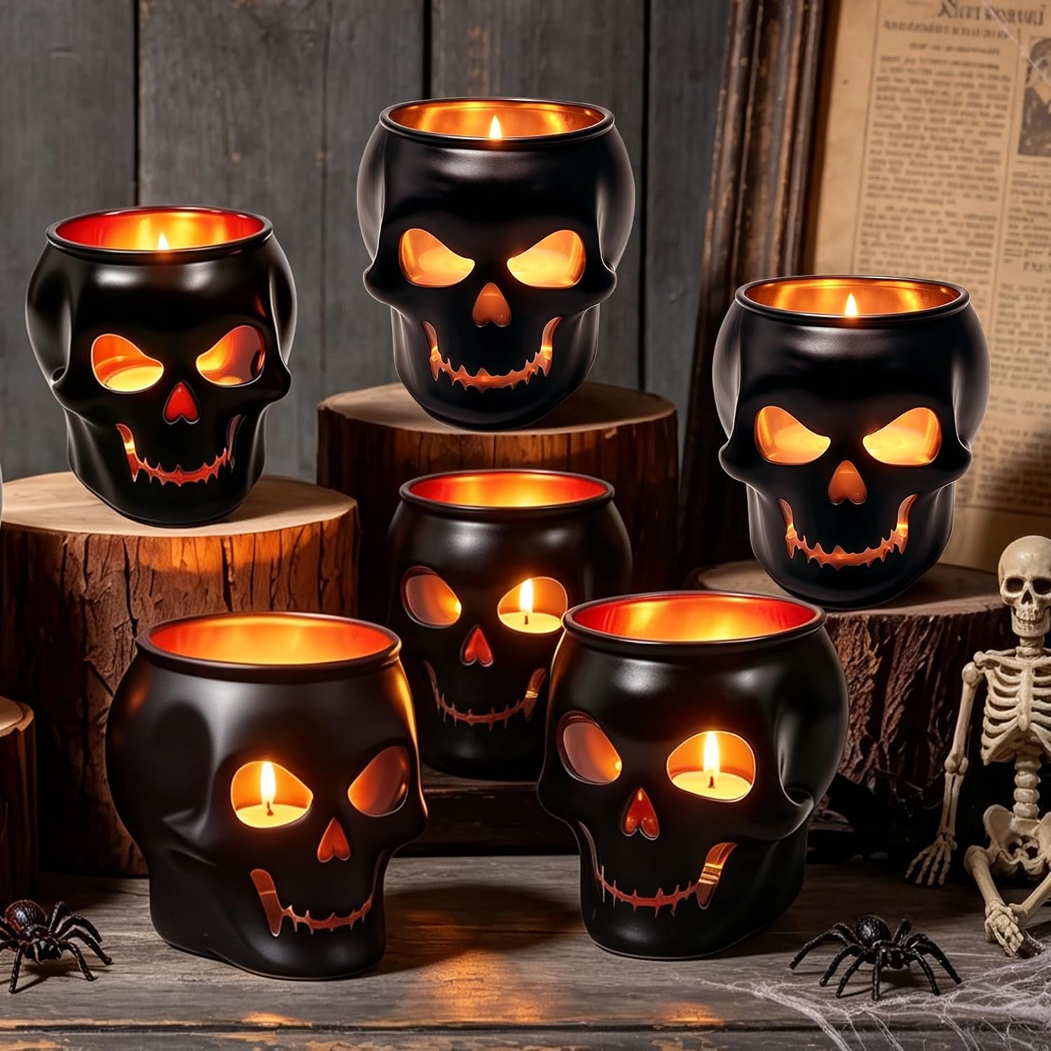 Halloween Table Decor Set of 2, Lack Glass Skull Tealight Candle Holders