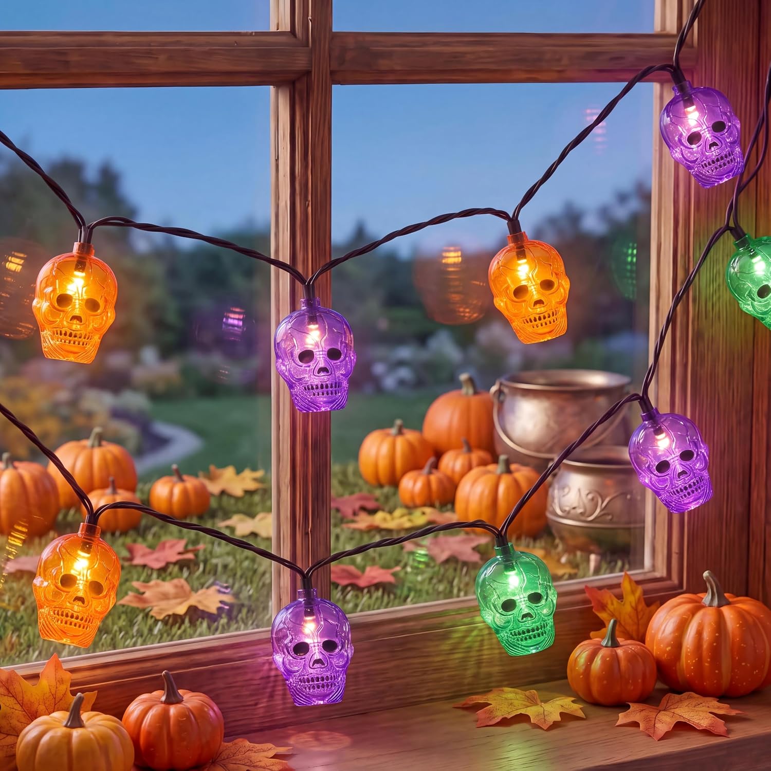 8.5Ft Outdoor Halloween String Lights 10 LED Multicolor Skull Light Plug in