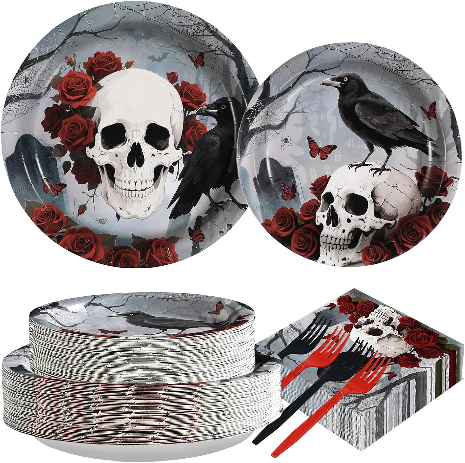 200Pcs Halloween Gothic Skull Rose Party Supplies for Kids Spooky Serves 50