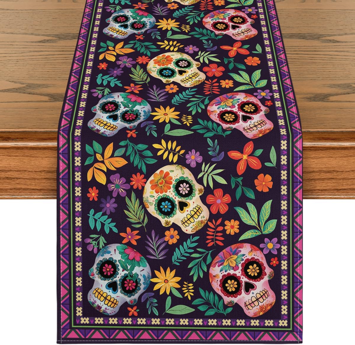 Mexican Sugar Skull Dia De Los Muertos Table Runner, Day of The Dead Altar Kitchen Dining Table Decoration