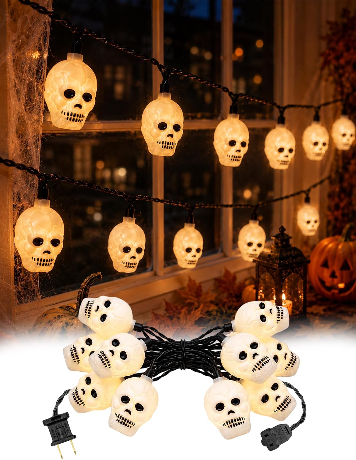 8.5FT Halloween Skull String Lights, Plug-in 10 LED Decor