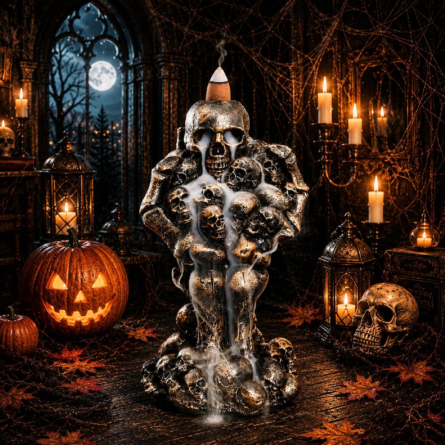 Skull Reaper Backflow Incense Burner, Bronze Gothic Skeleton Tower with Creepy Hands & Smoke Waterfall Incense Holder +20 Incense Cones +1 Tweezer/Mat for Aromatherapy & Home Halloween Décor