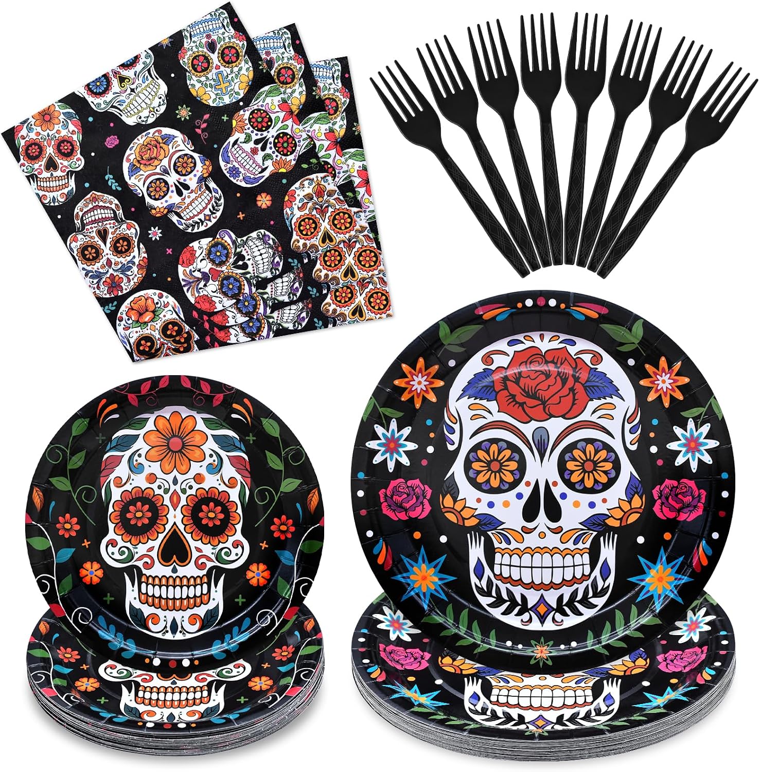 Day of the Dead Tableware Set - Mexican Sugar Skull Pattern Disposable Plates, Napkins, and Forks for Dia de los Muertos, Halloween, Fiesta, and Cultural Celebrations