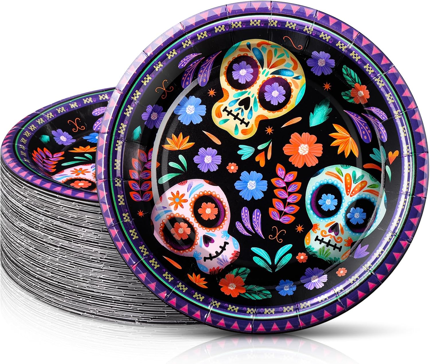 100 Pcs Dia De Los Muertos Paper Plates 7″ Sugar Skull Plates