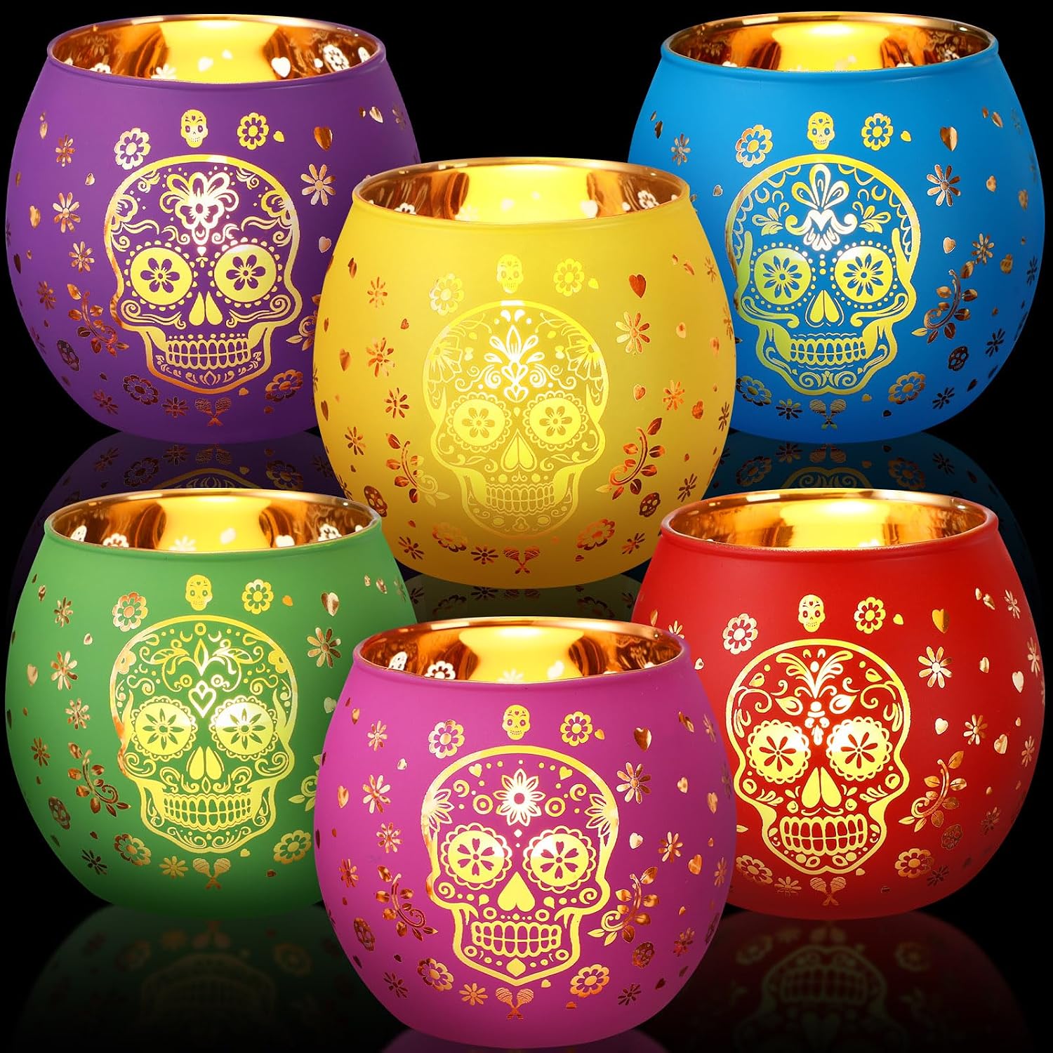 Jingmore 6 Pcs Sugar Skull Votive Candle Holders, Multicolor