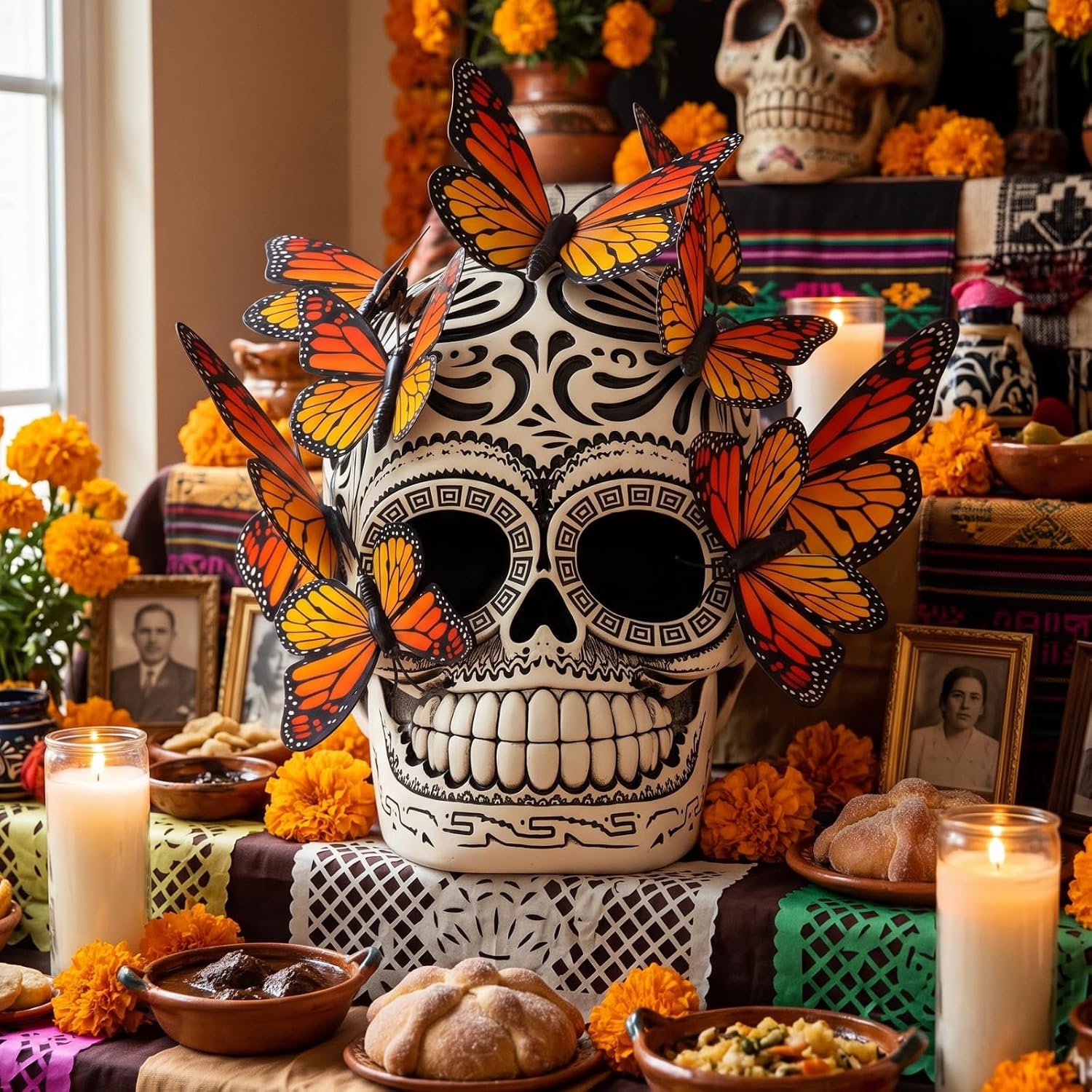Day of The Dead Skull and Monarch Butterflies Altar Figurine Decor