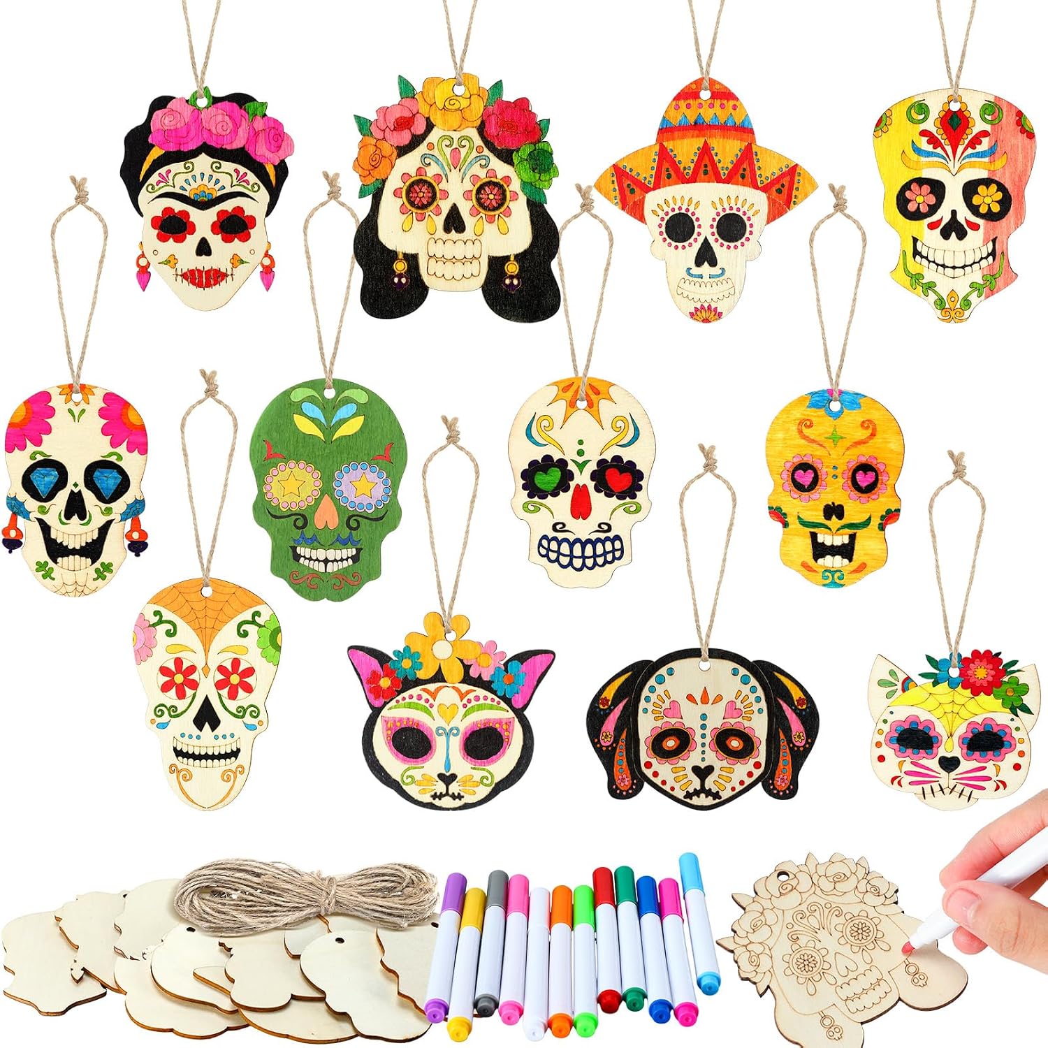 Colingmill 60 Pcs Sugar Skull Wooden Craft Kit, DIY Day of The Dead Supply
