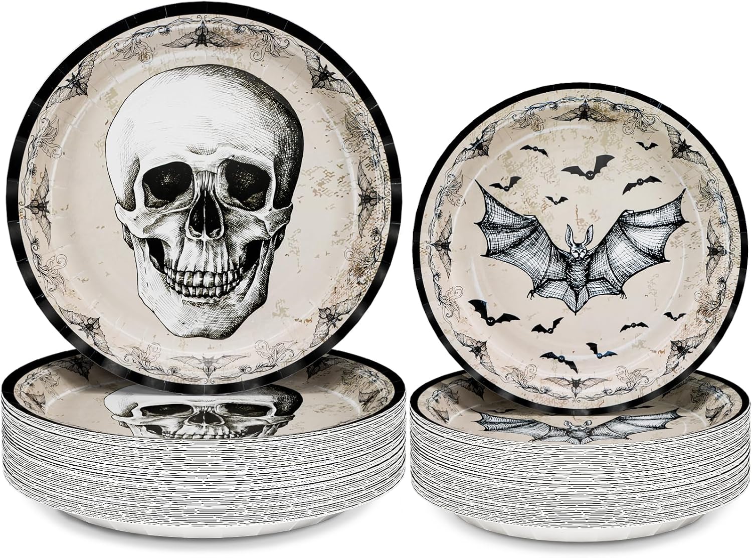 Halloween Party Plates - 100 Pack Skull Bats Disposable Paper Plates, 9" Dinner, 7" Dessert - Spooky Halloween Decorations