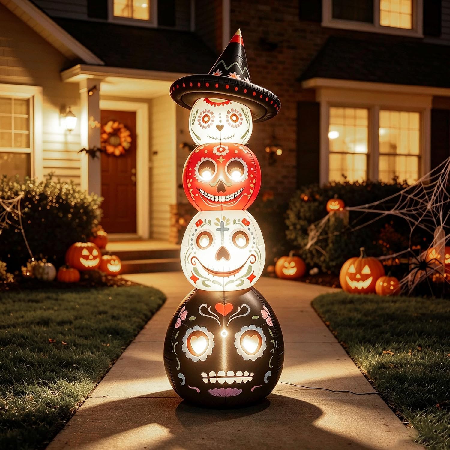 7 FT Halloween Inflatables Outdoor Decor, Day of the Dead Sugar Skull Stacked Pumpkins Blow Up Yard Decor with LED Lights