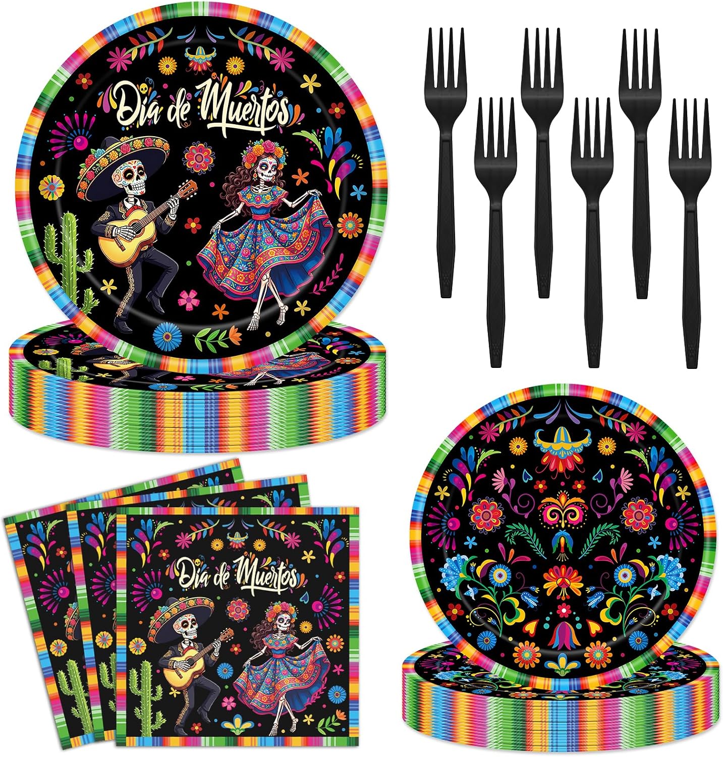 Day of the Dead Plates and Napkins,Dia de los Muertos Sugar Skull Disposable Tableware with Paper Plates, Napkins for Mexican Themed Party, Taco Tuesday, Fiesta Party Supplies