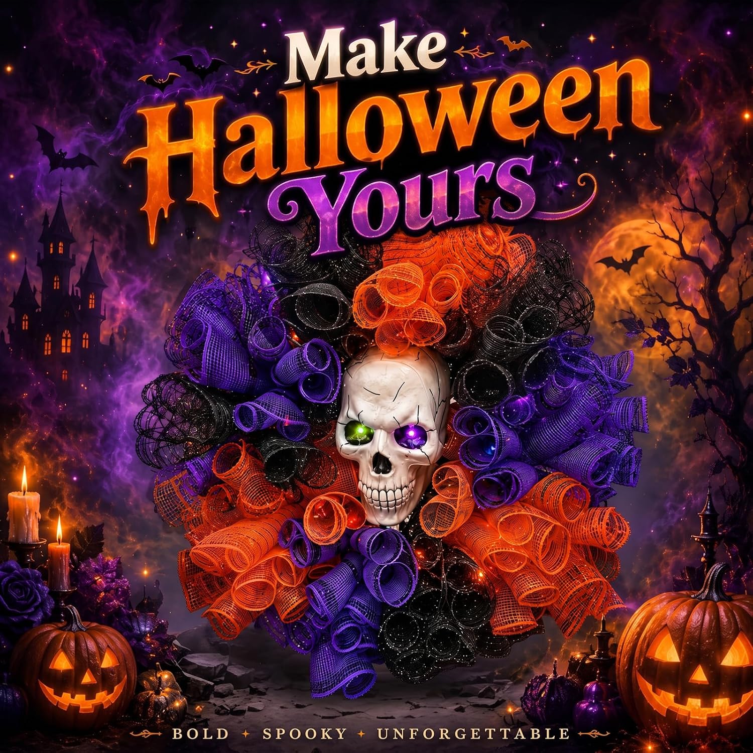 Halloween Wreath with Skull and Color-Changing Lights