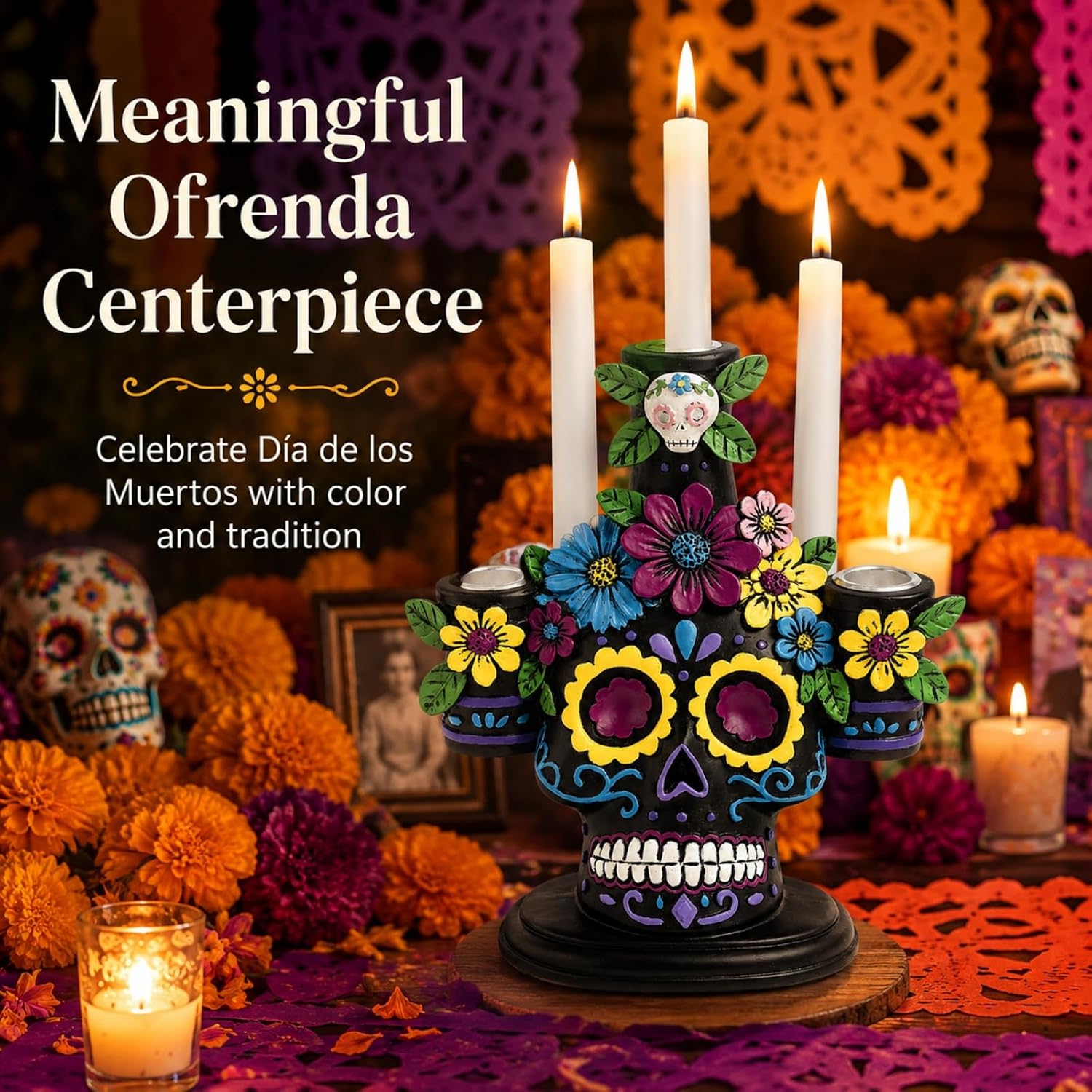 Day of The Dead Taper Candle Holder, Ofrenda Decorations for Altar