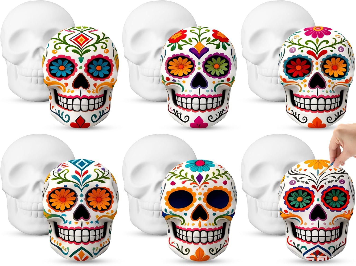 6 Pcs Halloween Sugar Skull Ceramic to Paint Crafts Unpainted