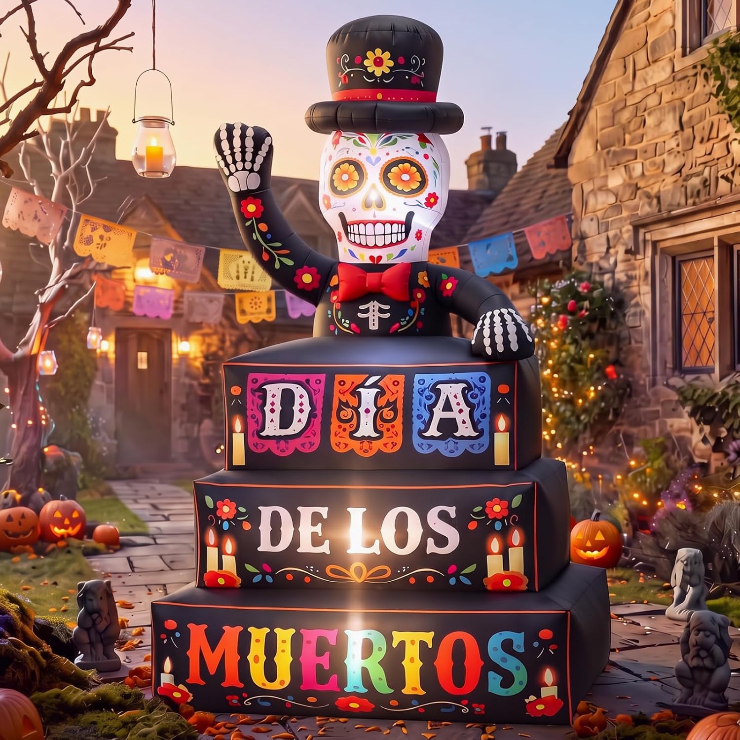 5ft Dia De Los Muertos Inflatable, Lighted Sugar Skull Yard Decor