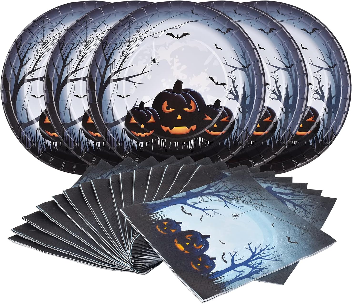 Halloween Party Supplies Anger Black Pumpkin Disposable 10 inch Big Paper Plates and Paper Napkins for Spooky Halloween Party Decorations Serve 16