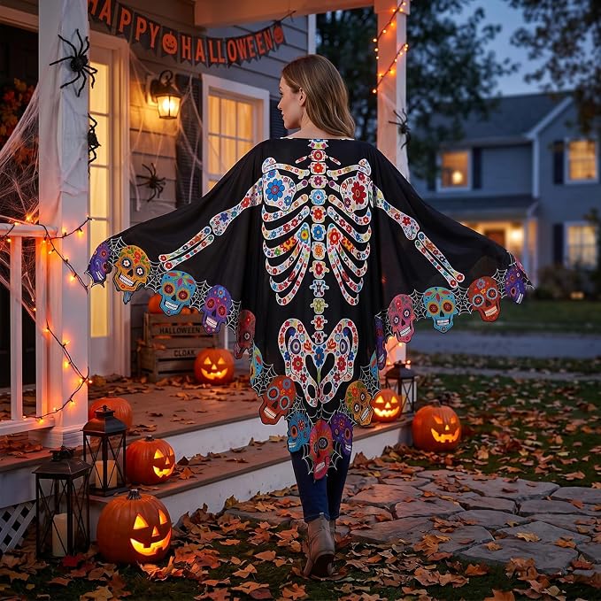 Day of The Dead Poncho, Halloween Skeleton Costume Cape for Women