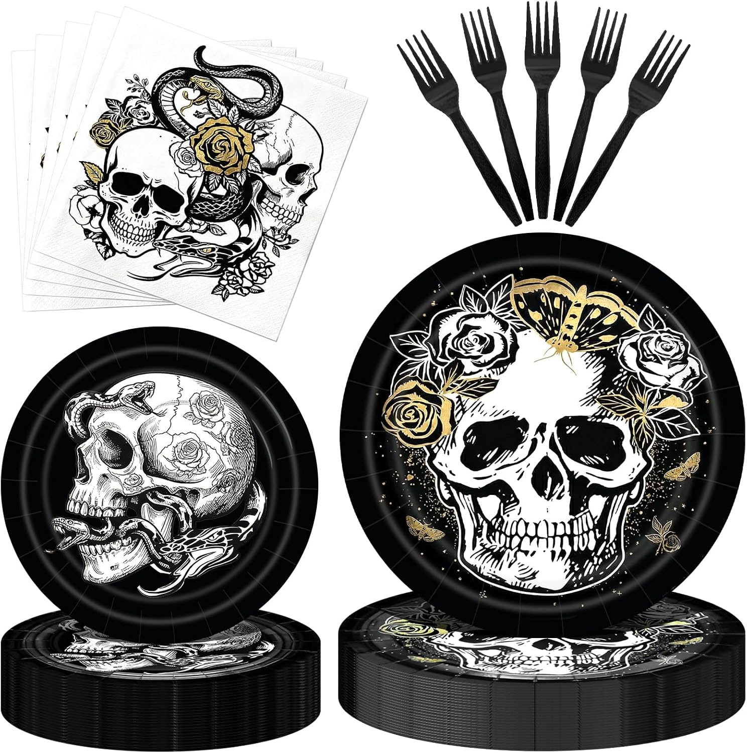 Gothic Halloween Tableware Set – Black Skull Skeleton Disposable Plates, Napkins and Forks for Spooky Gothic Halloween Party Decorations, Horror Birthday and Haunted House Celebrations