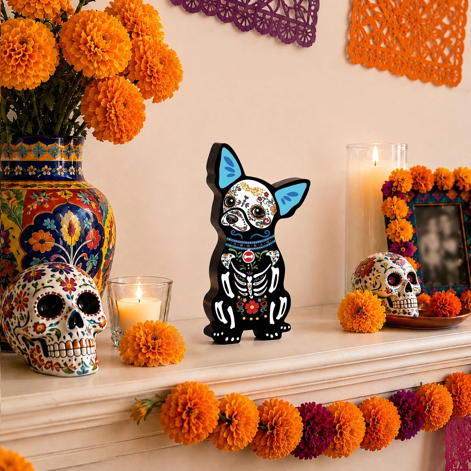 Day of The Dead Decor Dia De Los Muertos Wooden Cute Chihuahua Figurine Mexican Sugar Skull Dog Table Decor Halloween Home Office Desk Mantel Party Supplies