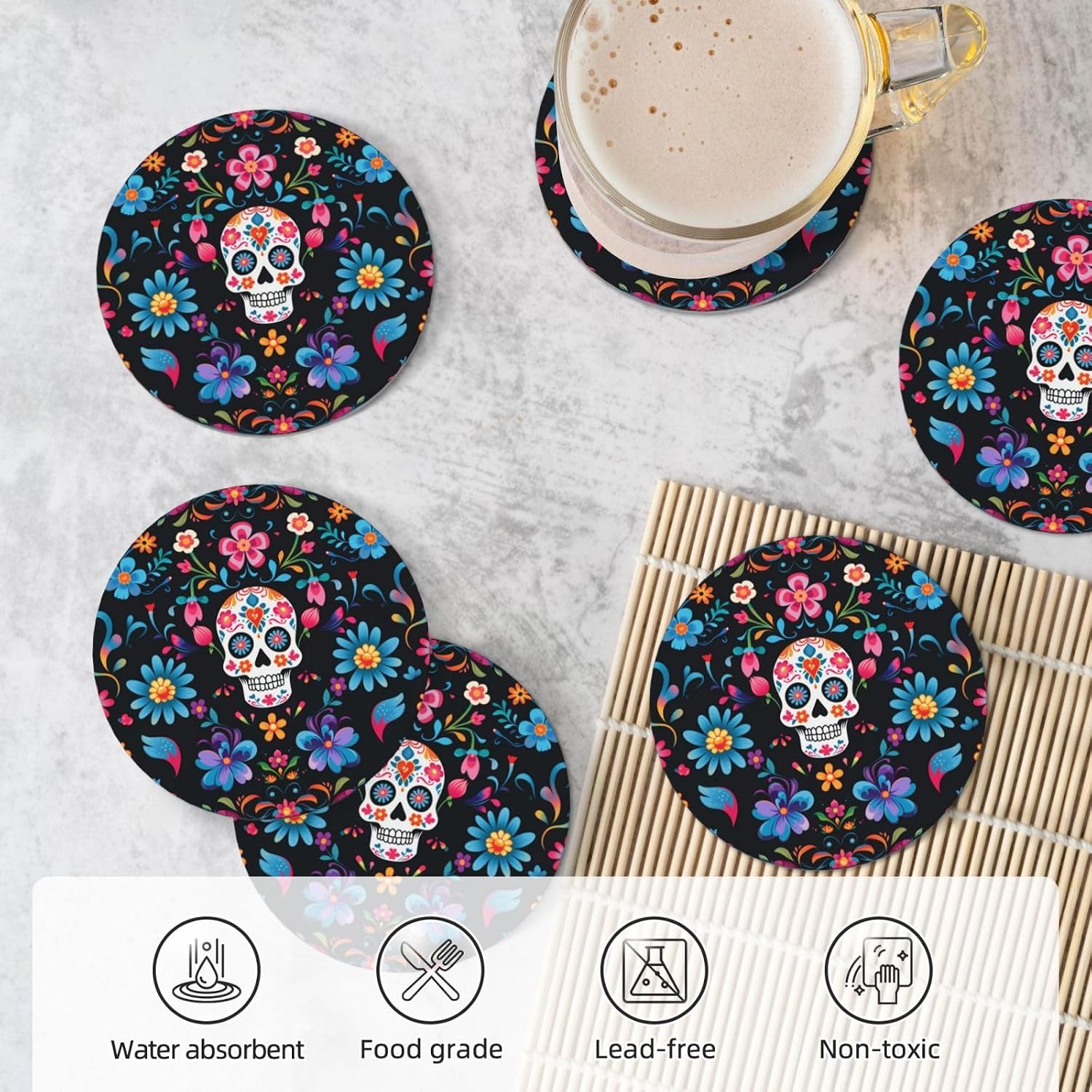 6 Pcs Ceramic Coasters with Holder Absorbent Drink Round Mexican Sugar Skulls Flowers Design for Home Table Coffee Cup Wine Beer Bar,Size 4.4 inches