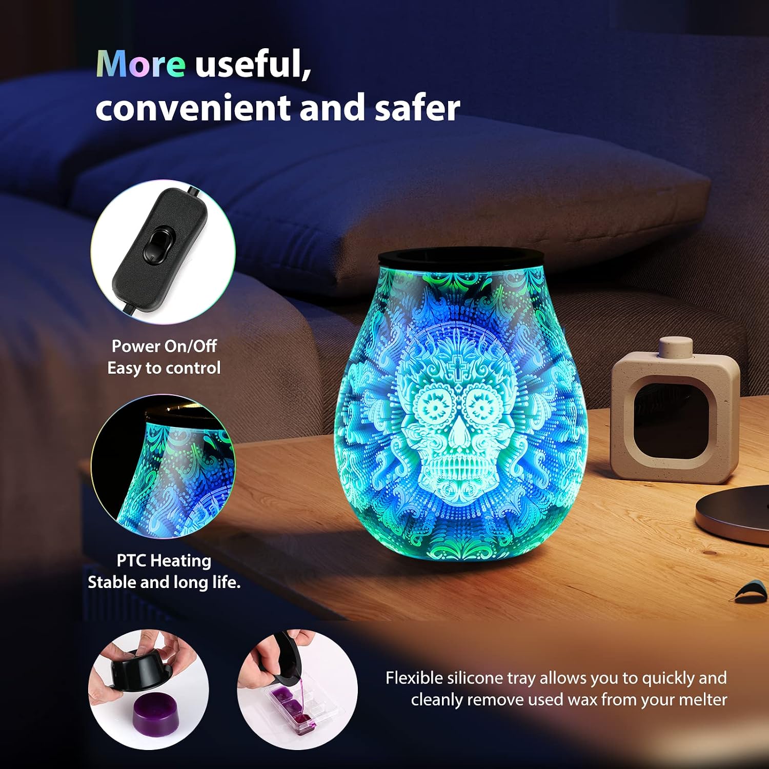 Inrorans Glass Electric Wax Melt Warmer Oil Burner with Stable Heating PTC Reusable Silicone Tray 7 Colorful Changing Led Light Night Light Scent Warmer for Home Fragrance Warmers-Skull