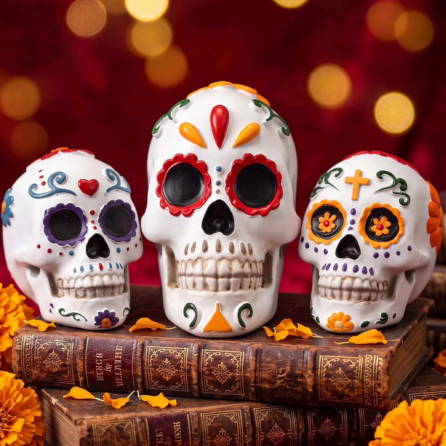 3Pcs Day of The Dead Sugar Skull Resin Figurine for Altar Decor 6"4"