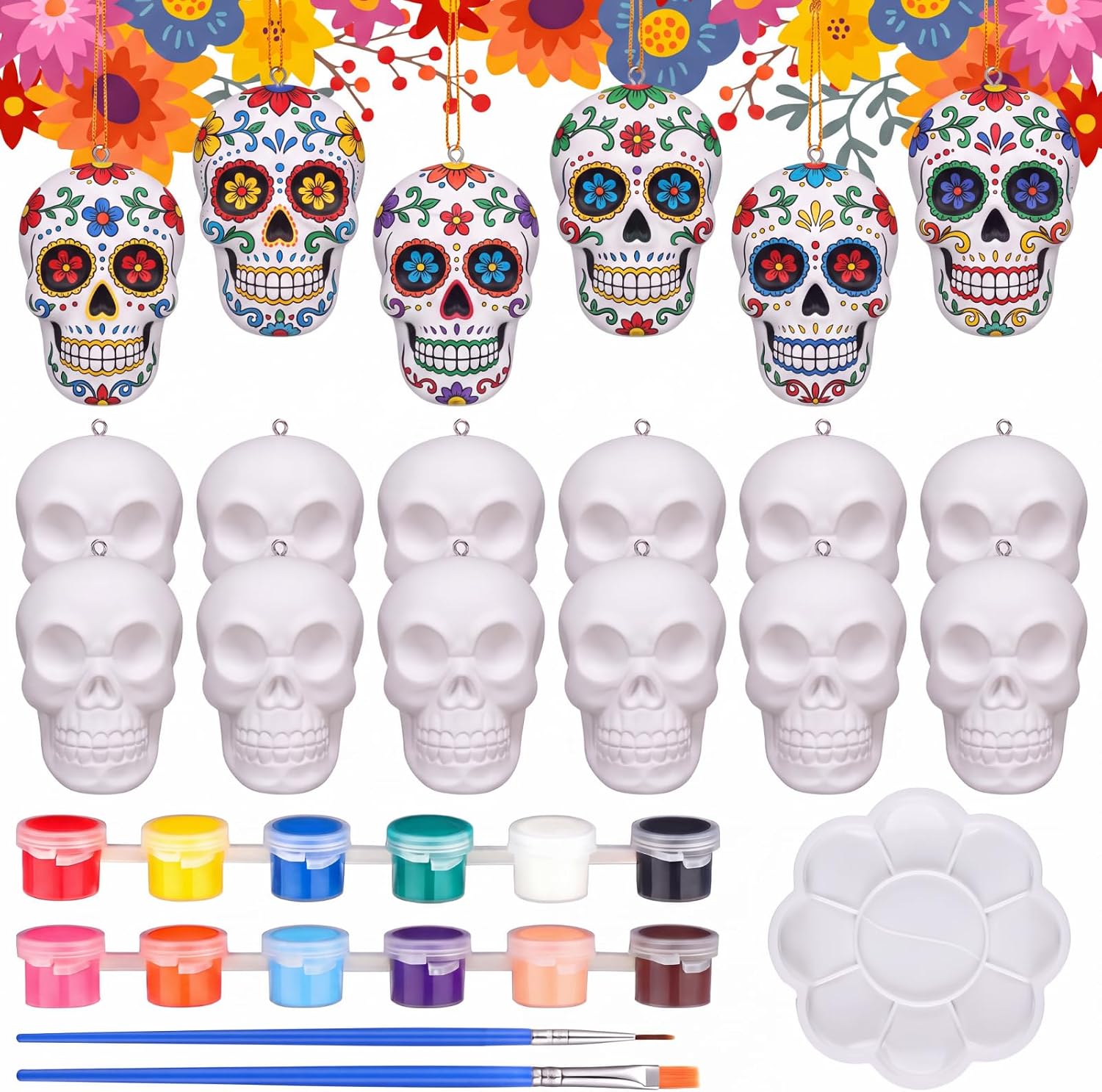 Round Funny 12 Pcs Bisque Ceramic Skull to Paint, DIY 3D Hanging Ornaments