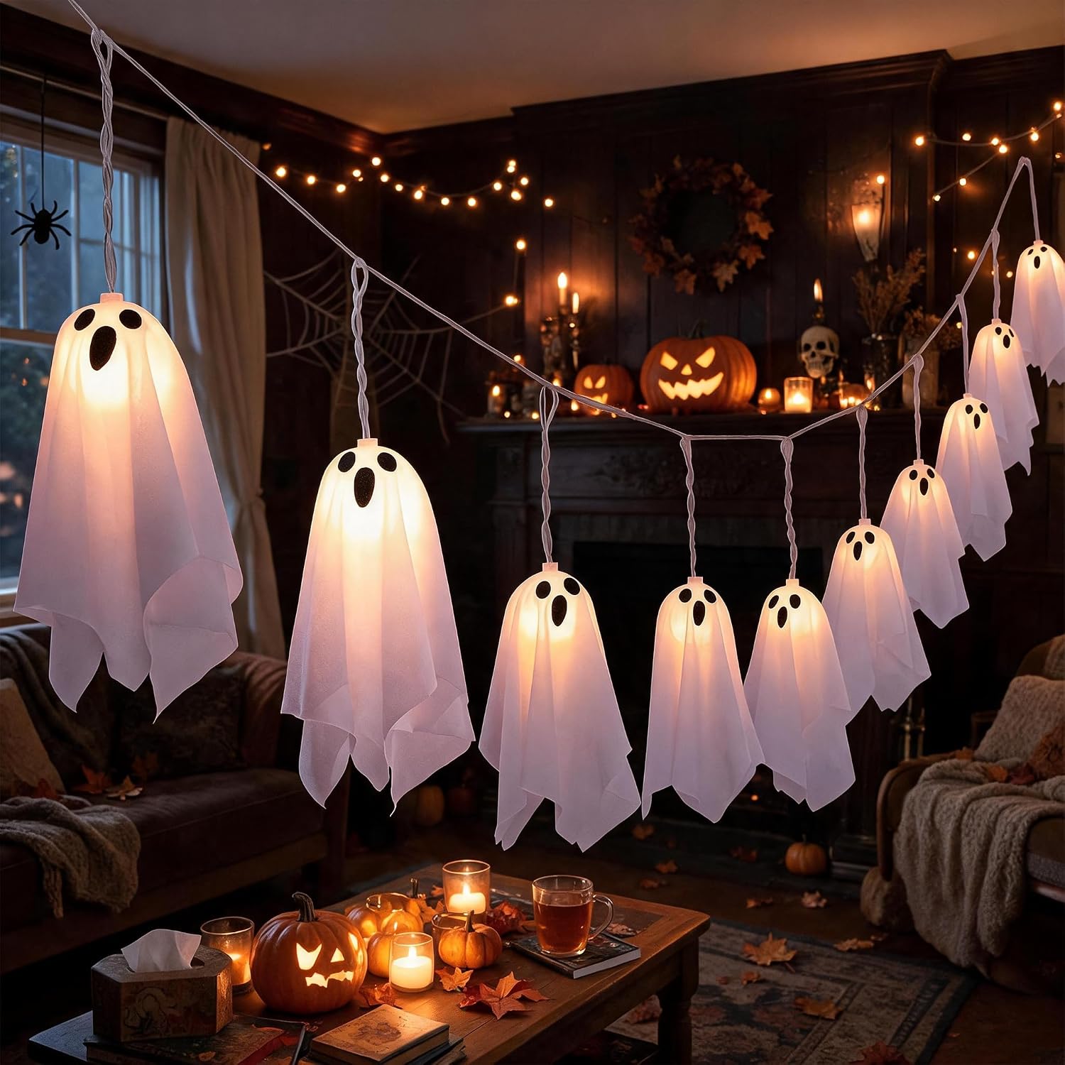 Halloween Ghost String Lights, Cute White Ghost LED Hanging Lights, Battery Operated Halloween Decorations for Indoor Fireplace Mantel Window Party Home Decor