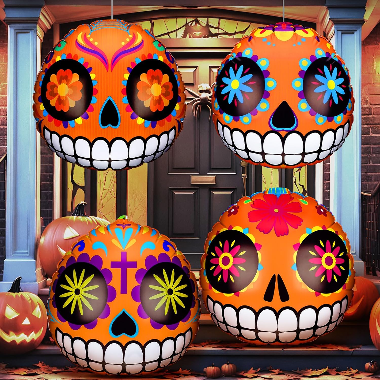 4 Pcs Halloween Inflatable Sugar Skull Pumpkin Day of the Dead Decor