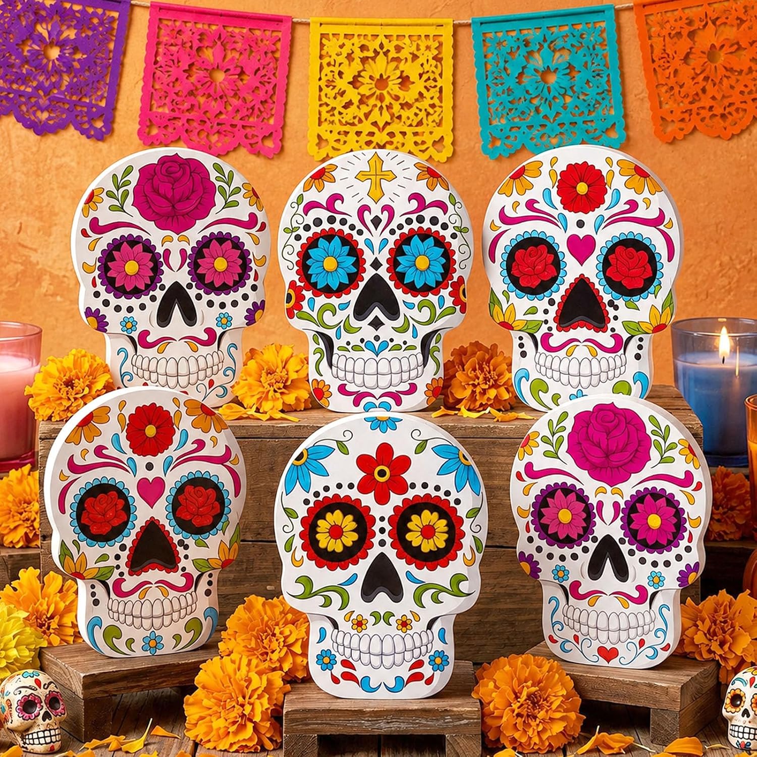 Day of The Dead Sugar Skull Table Decorations, Wooden, Modern | Dia De Los Muertos Party Decor, 5.9", Colorful Floral Design, Standing Skull