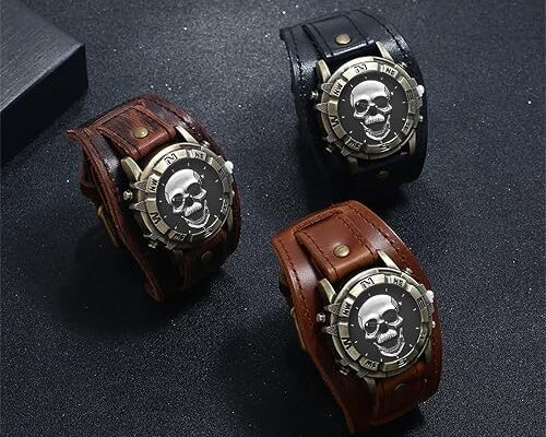 Avaner Vintage Punk Leather Watches: Retro Bronze Skull Wide Band Quartz Cuff Watches for Men