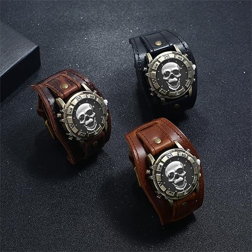 Avaner Vintage Punk Leather Watches: Retro Bronze Skull Wide Band Quartz Cuff Watches for Men