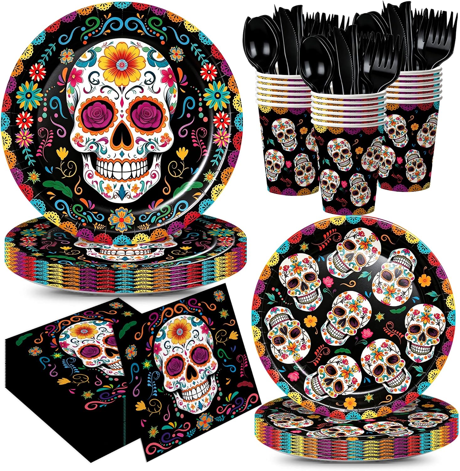 Day of the Dead Party Supplies Plates Napkins Dia de Los Muertos Tableware Set Sugar Skull Paper Plates Black Forks for Day of the Dead Party Decoration