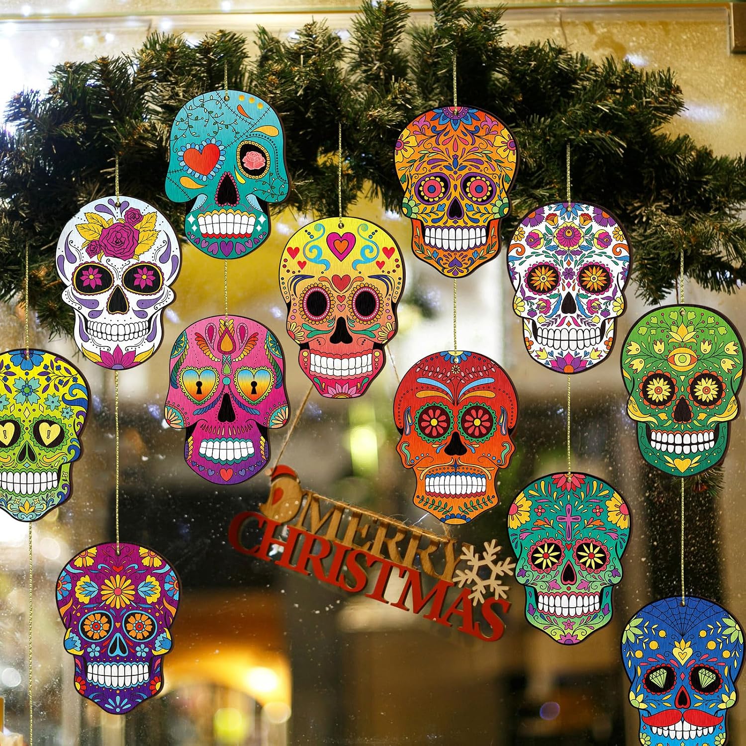 Vercraft 36 Pcs Sugar Skull Christmas Ornaments Wooden Day of the Dead