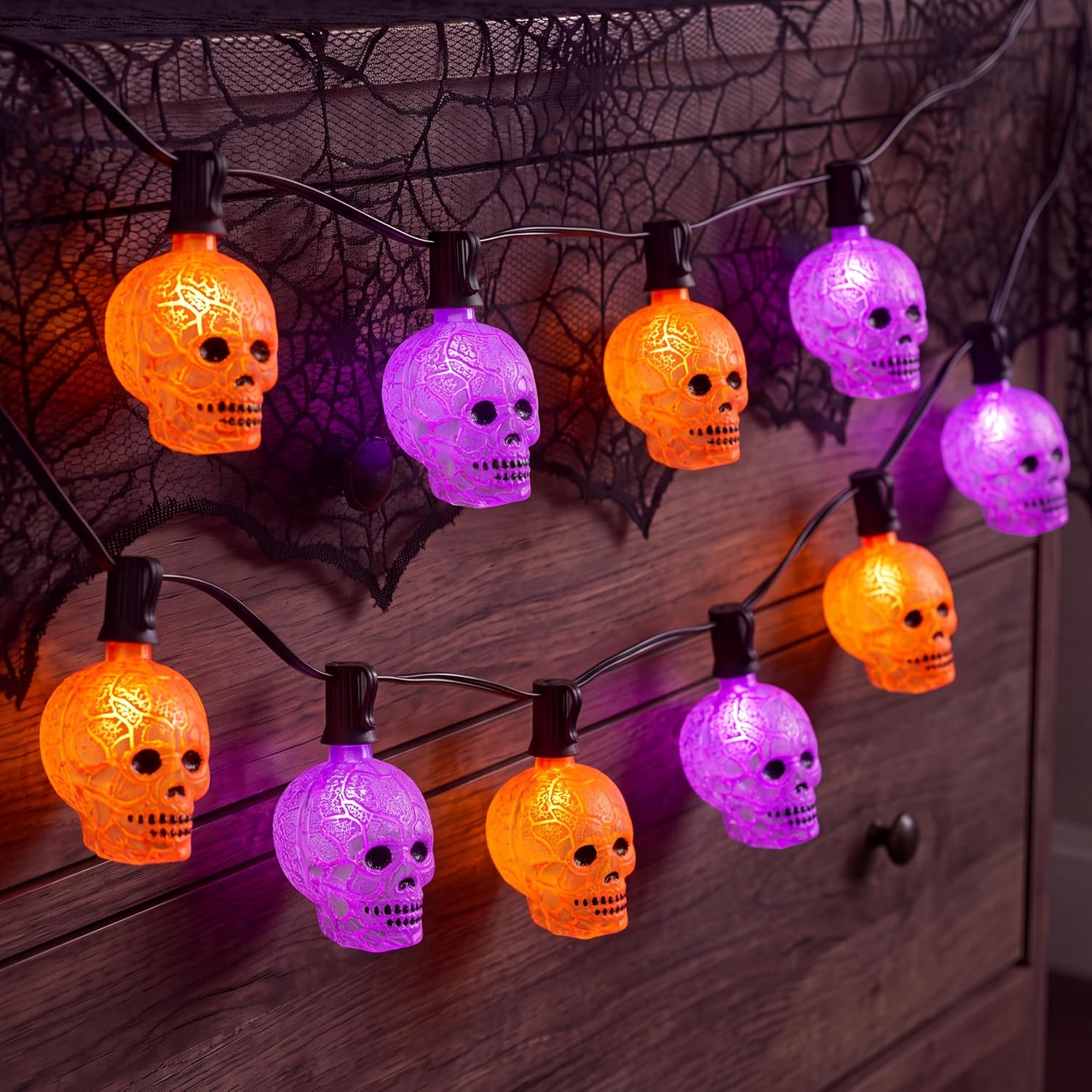 15.5FT Halloween Skull String Lights, 15 LED Ghost Head Lights, Plug In