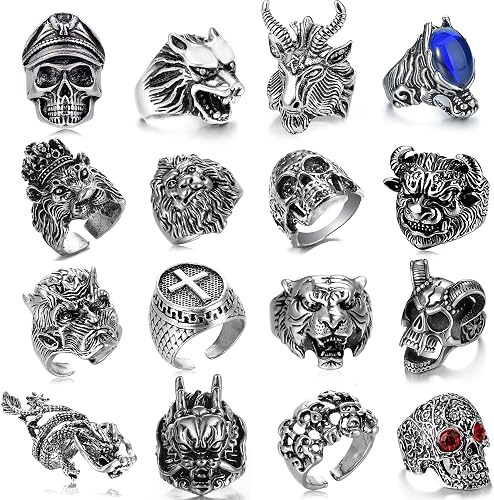 intage Punk Rings Set Gothic Biker Adjustable Rings Skeleton Skull Ring Feather Snake Drgon Lion Wolf Tiger Head Ring