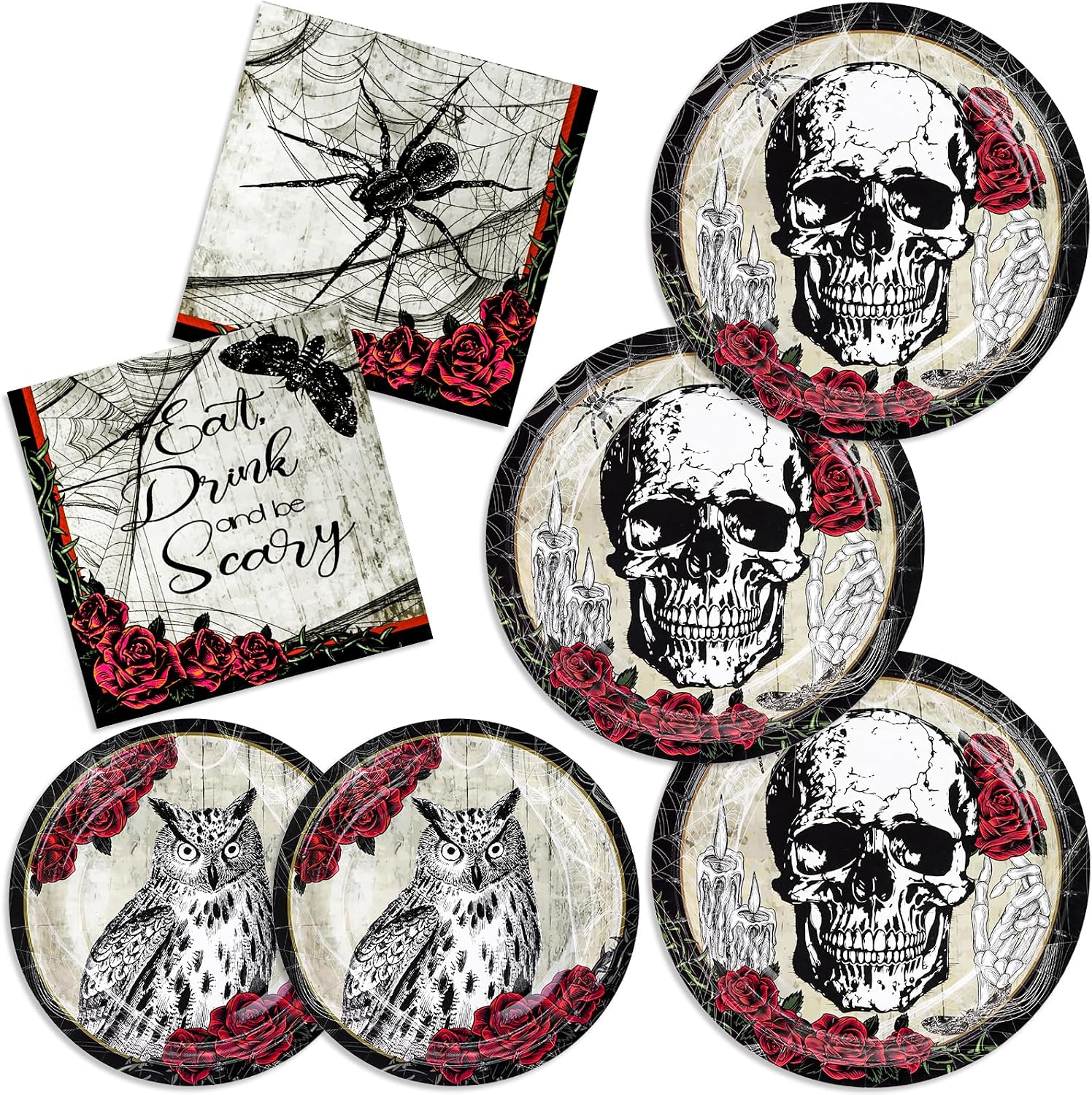 Spooky Halloween Dinnerware Party Supplies, 9" Dinner Plates, 7" Dessert Plates, 6.5” Luncheon Napkins, Dark Spider Skull Owl Vintage Roses Halloween Decoration Set, Serves 50