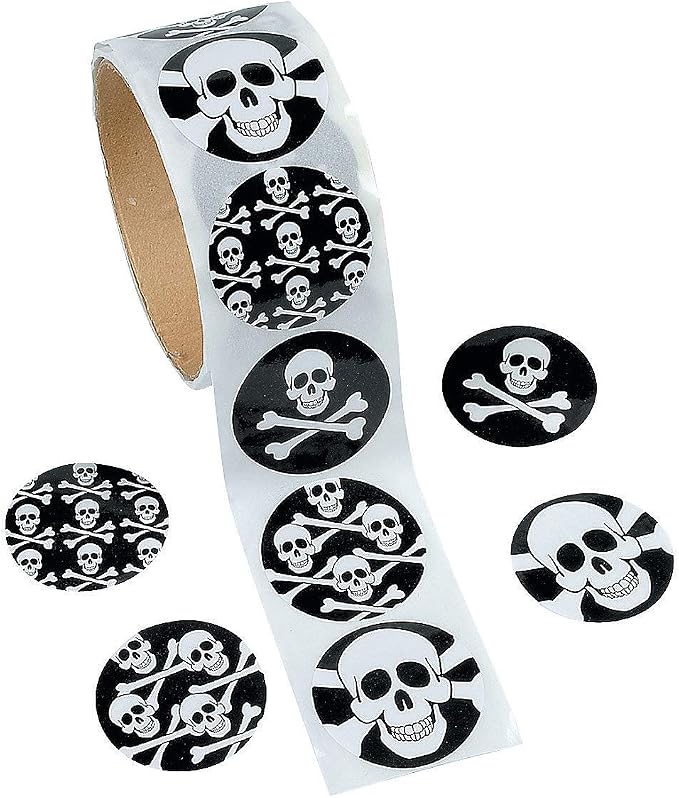 Fun Express Skull Stickers (100ct) 4 Cool Designs, 1 1/2″ Round Stickers, Halloween, Pirate, Party Favor Accessories, Stationery