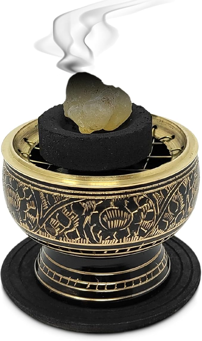 New Age Imports, Inc. India Small Decorated Brass Charcoal Screen Incense Burner with Wooden Coaster - skull incense burner