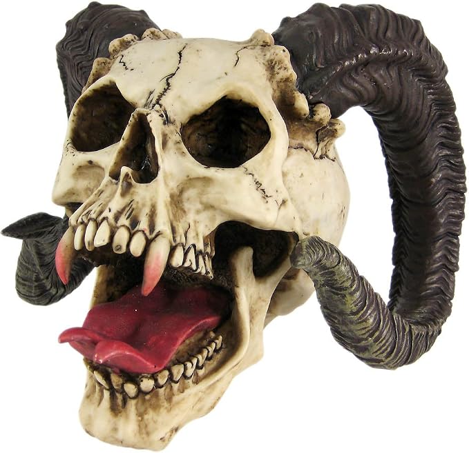 PTC 10.5 Inch Evil Ram Horned Skull with Tongue Out Figurine Statue - skull figurine