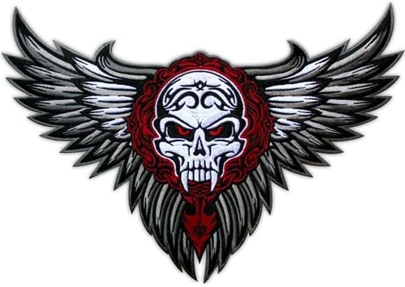 VEGASBEE® Big Winged Skull Wings Patch Tribal Tattoo Style Embroidered Iron-On Emblem for Jacket Vest Denim - Large Size 12" by 9" inches L USA - skull jacket