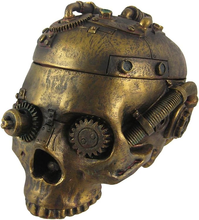 Pacific Giftware Steampunk Skull Ashtray Trinket Box with Lid Statue, 7.5" L x 6" W H, Gold/Bronze, Resin - skull ashtray