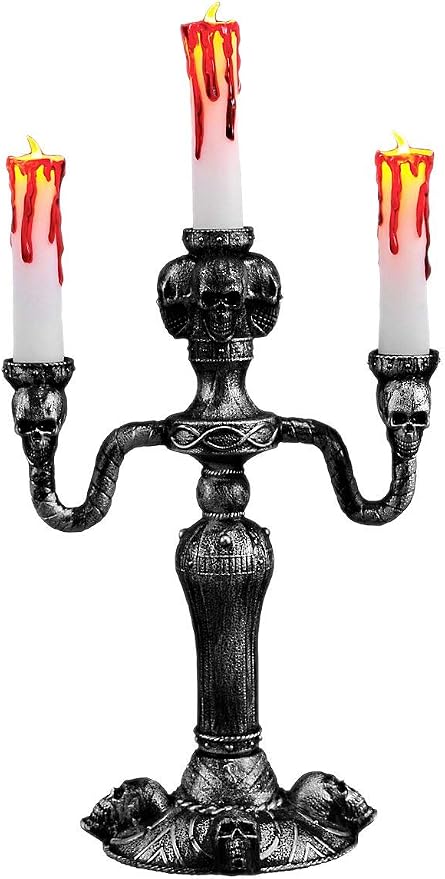 14-inch Light Up Candelabra with LED Flames - skull candle