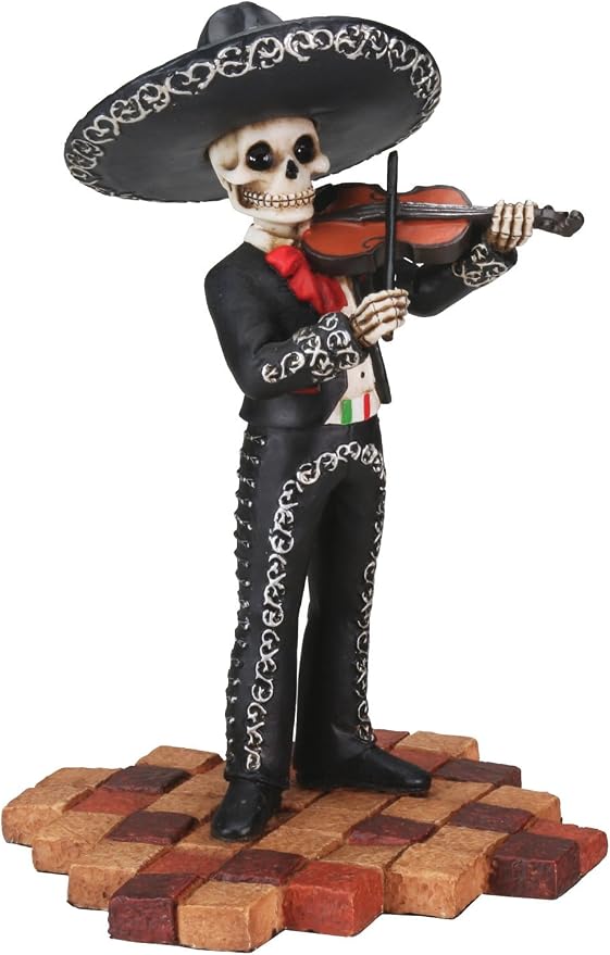 Male Skeleton Skull Black Mariachi Band Violin Statue - skull figurine