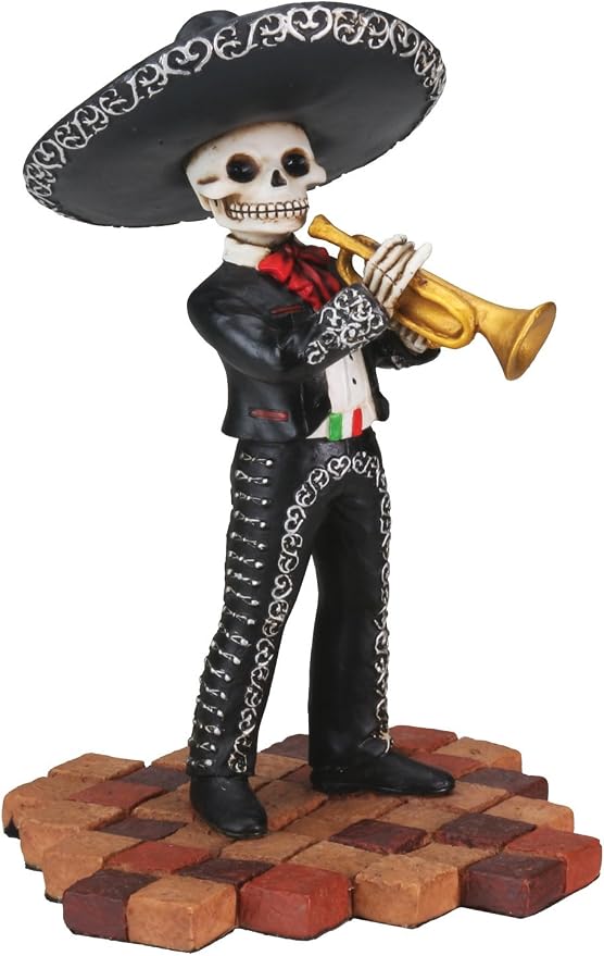 Skeleton Skull Black Mariachi Band Trumpet Statue - skull figurine