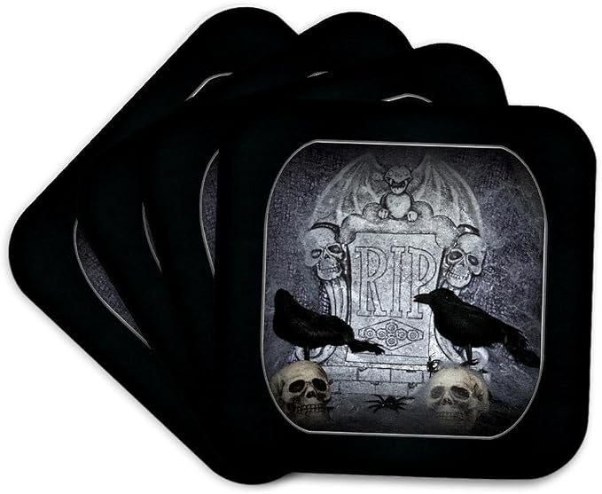 3dRose WhiteOaks Halloween Skulls – RIP with Crow Halloween Skull Design – Set of 4 Coasters – Soft (CST_28313_1)