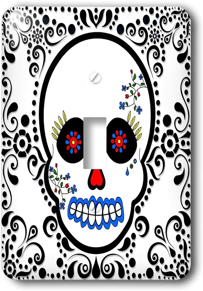 3dRose LLC lsp_28865_1 Day of The Dead Skull Día De Los Muertos Sugar Skull Red Black Scroll Design Single Toggle Switch - skull plate