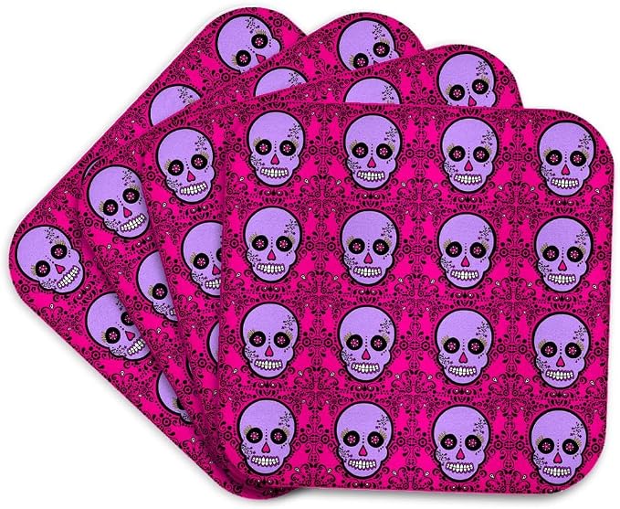 3dRose cst_28885_1 Day of The Dead Skull Dia De Los Muertos Sugar Skull Print Purple Pink-Soft Coasters, Set of 4 - skull coaster