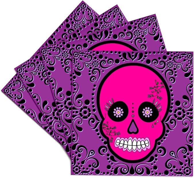 3dRose LLC Day of The Dead Skull Dia De Los Muertos Sugar Skull Pink Purple Black Scroll Design Ceramic Tile Coaster, Set of 4 - skull coaster