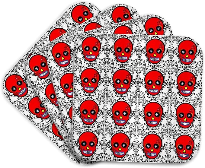 3dRose cst_28890_1 Day of The Dead Skull Dia De Los Muertos Sugar Skull Print Red-Soft Coasters, Set of 4 - skull coaster