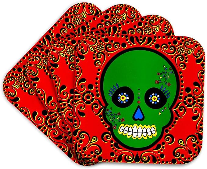 3dRose CST_28881_1 Day of The Dead Skull Dia De Los Muertos Sugar Skull Green Red Black Scroll Design Soft Coasters, Set of 4 - skull coaster